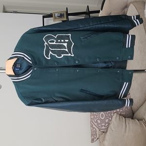 Green varsity bomber jacket.